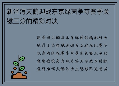 新泽泻天鹅迎战东京绿茵争夺赛季关键三分的精彩对决